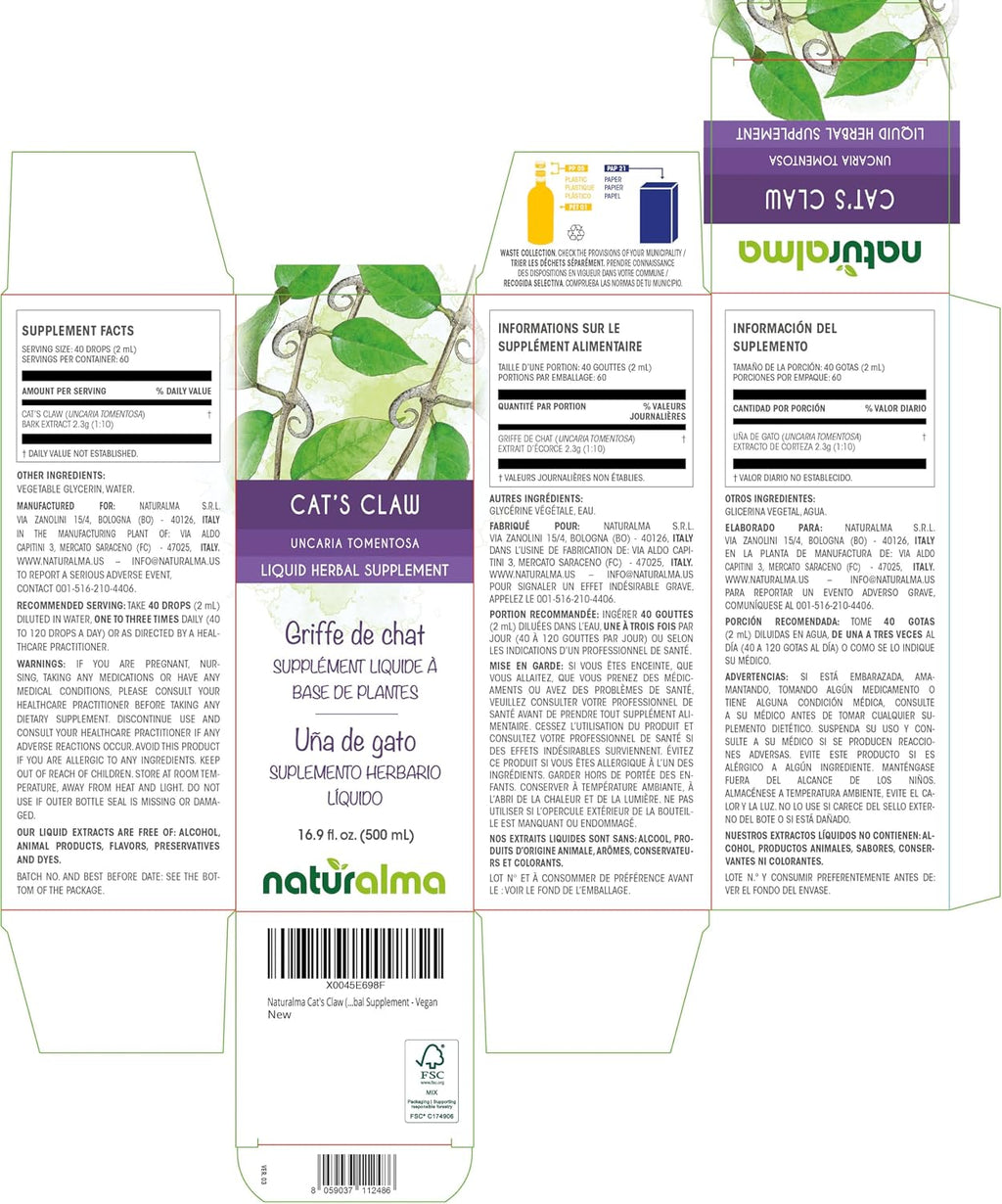 Naturalma Uña de Gato (Uncaria tomentosa) corteza Tintura Sin Alcohol - 500 ml Extracto Líquido en Gotas - Suplemento Herbal - Vegano