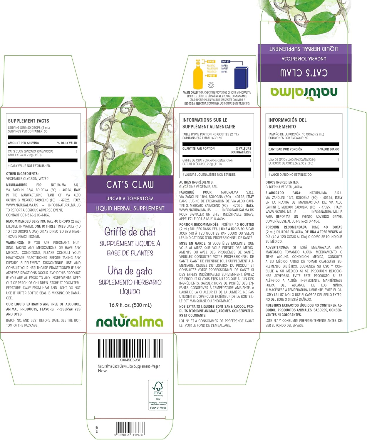 Naturalma Uña de Gato (Uncaria tomentosa) corteza Tintura Sin Alcohol - 500 ml Extracto Líquido en Gotas - Suplemento Herbal - Vegano