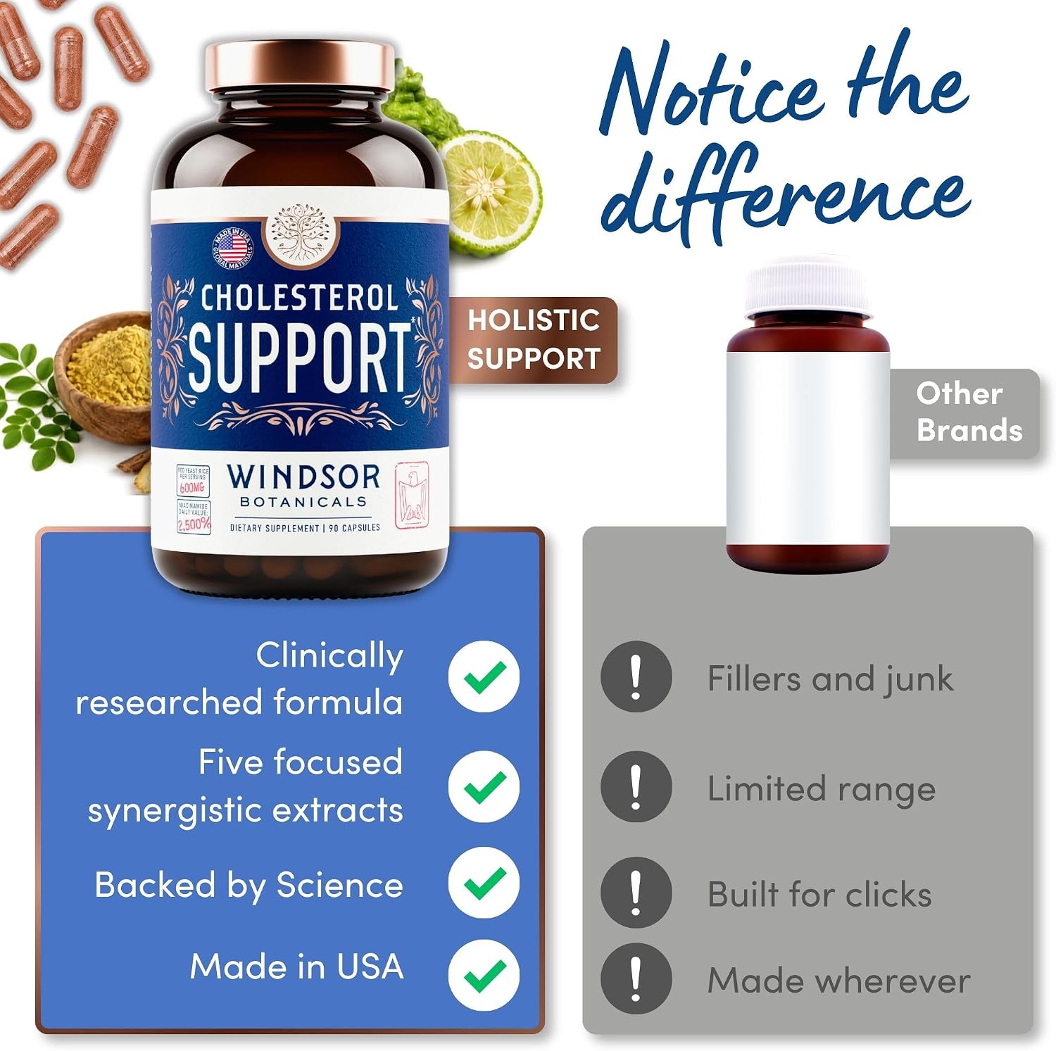 WINDSOR BOTANICALS Suplemento de Colesterol con Bergamota, Niacina, Levadura de Arroz Rojo, Berberina y Aronia - 90 Cápsulas Veganas