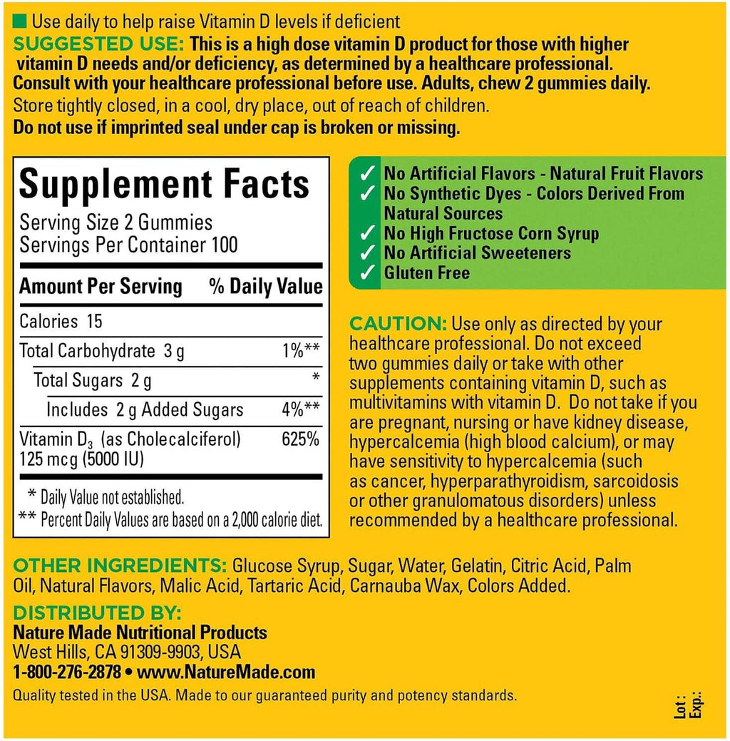 Nature Made Vitamina D3 Extra Fuerte 5000 UI (125 mcg) Gomitas - 200 unidades