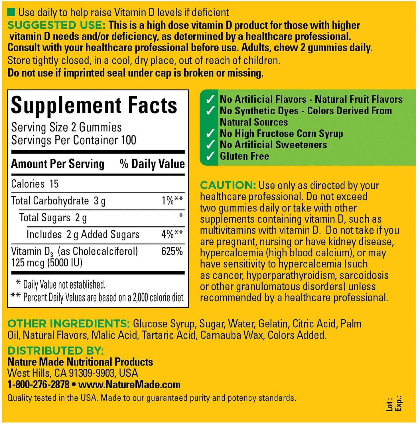 Nature Made Vitamina D3 Extra Fuerte 5000 UI (125 mcg) Gomitas - 200 unidades