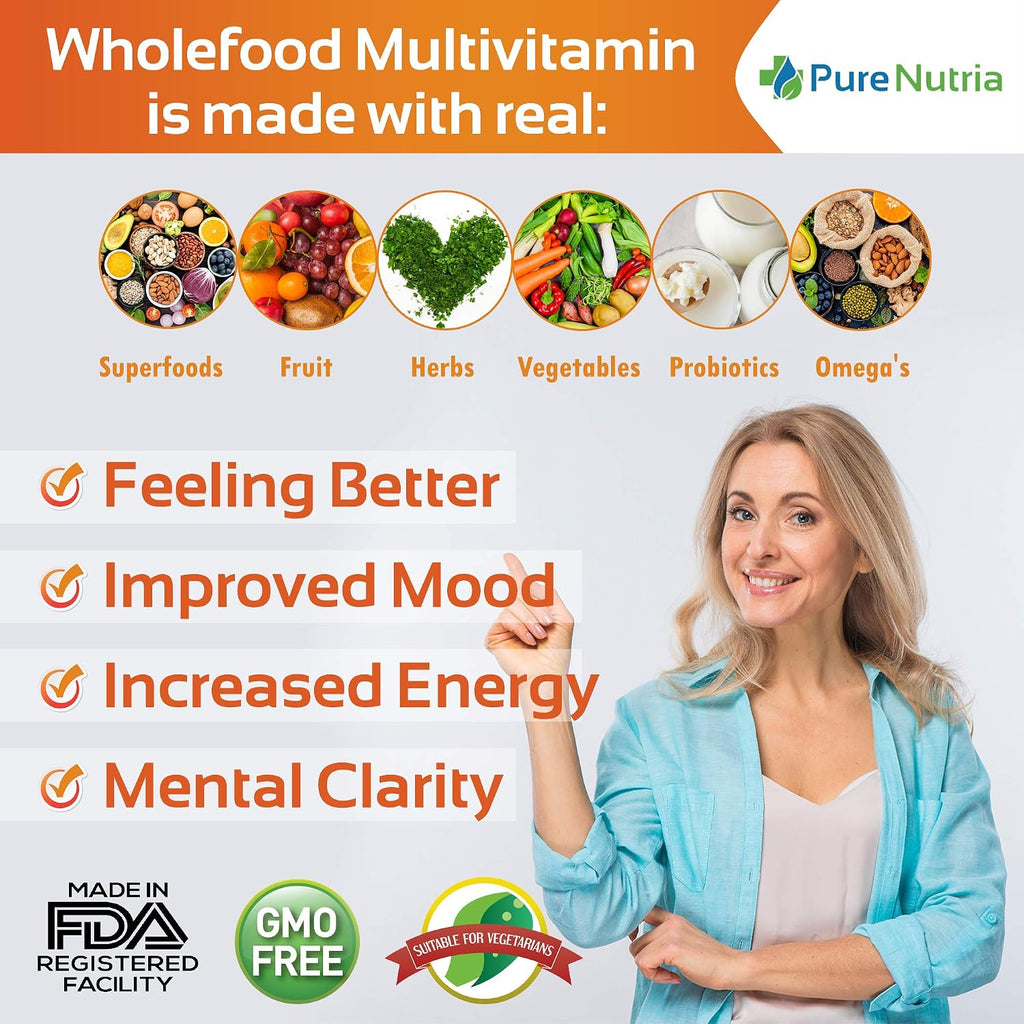 Whole Food Multivitamin with Probiotics and Enzymes - 120 Capsules for Women and Men