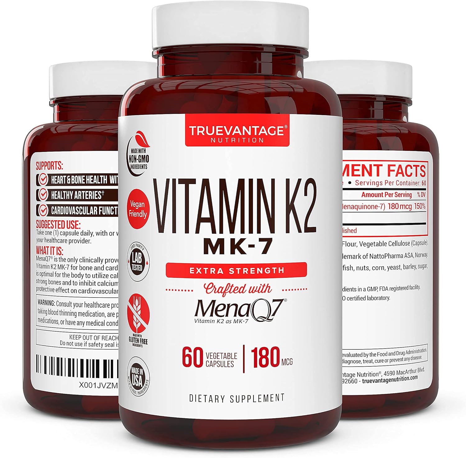Vitamin K2 MK-7 Supplement 180 mcg - MenaQ7 for Bone and Cardiovascular Health - 60 Vegetable Capsules