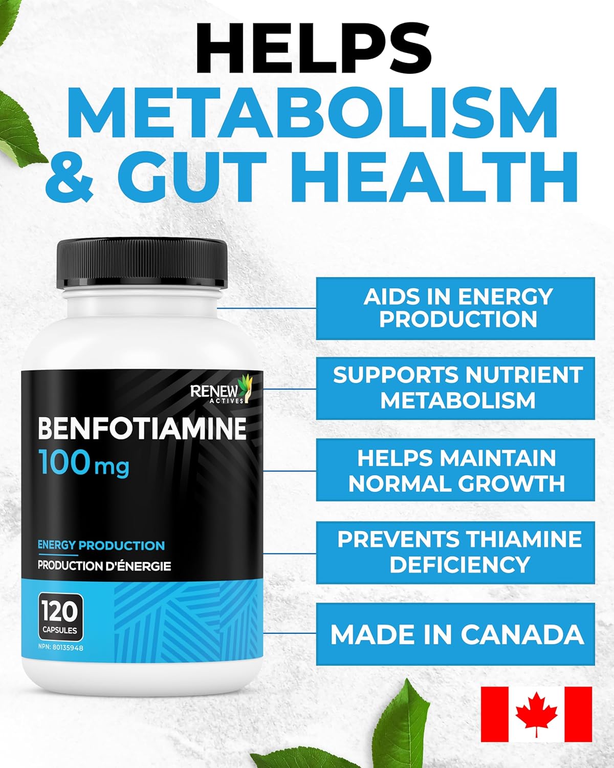 Renew Actives Benfotiamina 100 mg – Apoya la producción de energía y el bienestar general – Vegano, No transgénico, Sin gluten – 120 cápsulas