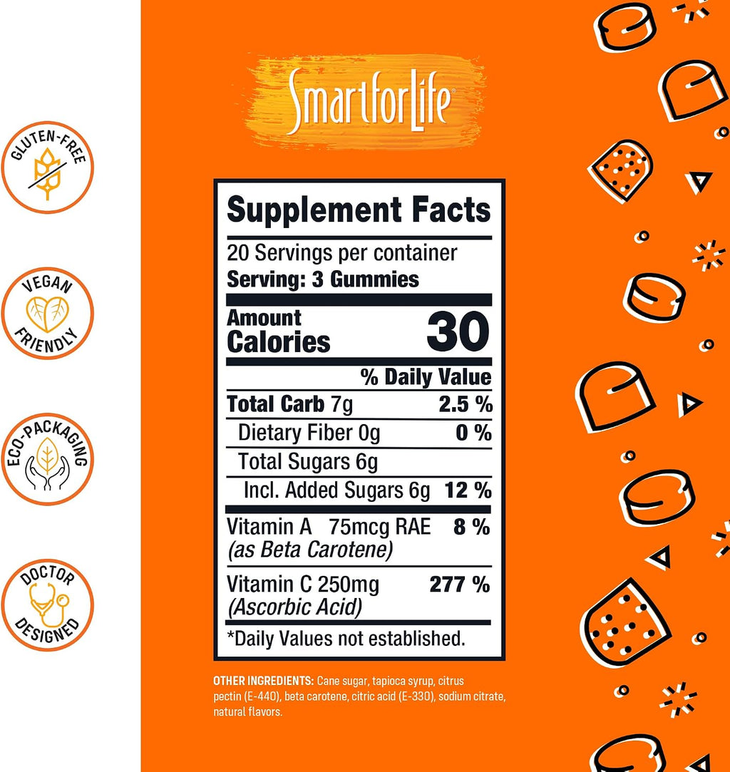 Smart for Life Vitamin C Gummies - Gomitas de Vitamina C Veganas con Sabor Naranja Natural - 60 Unidades