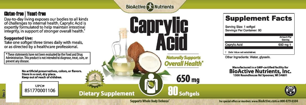 BIOACTIVE NUTRIENTS - Ácido Caprílico 600mg - 100 Softgels - Suplemento para la Salud Digestiva e Intestinal