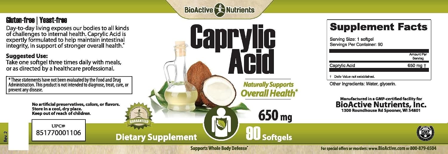 BIOACTIVE NUTRIENTS - Ácido Caprílico 600mg - 100 Softgels - Suplemento para la Salud Digestiva e Intestinal