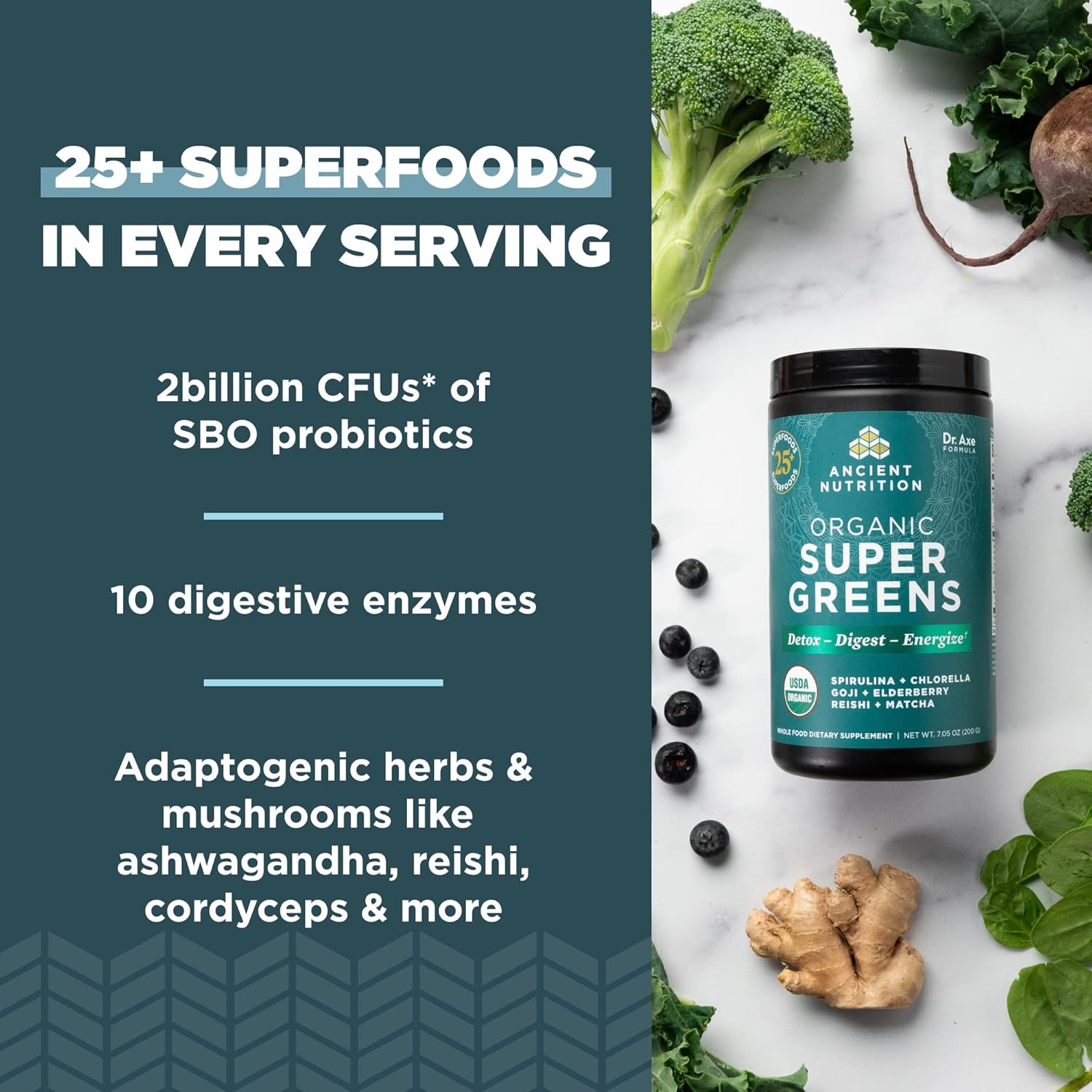 Ancient Nutrition Super Greens Powder Orgánico, 25 porciones (200g)