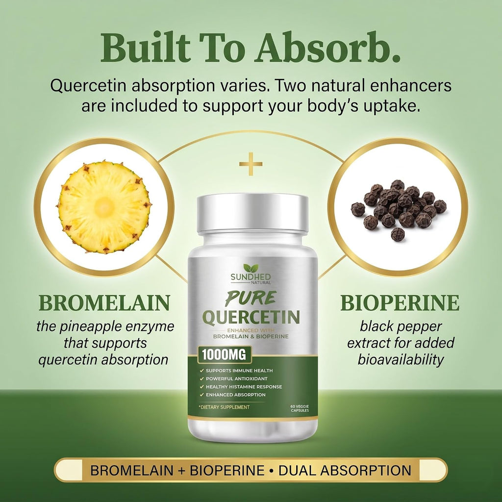 Sundhed Natural Quercetina Pura con Bromelina y Bioperina - 1000 mg, 60 Cápsulas