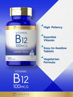 Carlyle Vitamina B12 100 mcg | 200 Comprimidos | Suplemento Esencial | Vegano, Sin OMG y Sin Gluten