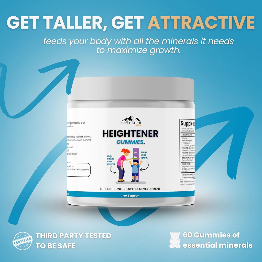 PURE HEALTH MAX Heightener Gummies, 60 gominolas para el crecimiento natural