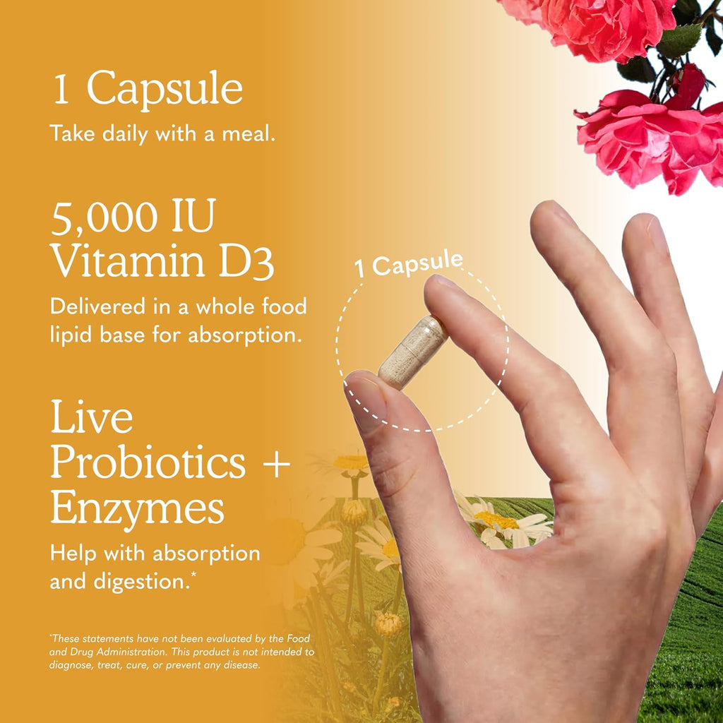 Garden of Life Vitamina D3 5000 UI, Suplemento de Alimentos Integrales con Chlorella, Frutas, Verduras y Probióticos, para Huesos e Inmunidad, 60 Cápsulas Vegetarianas