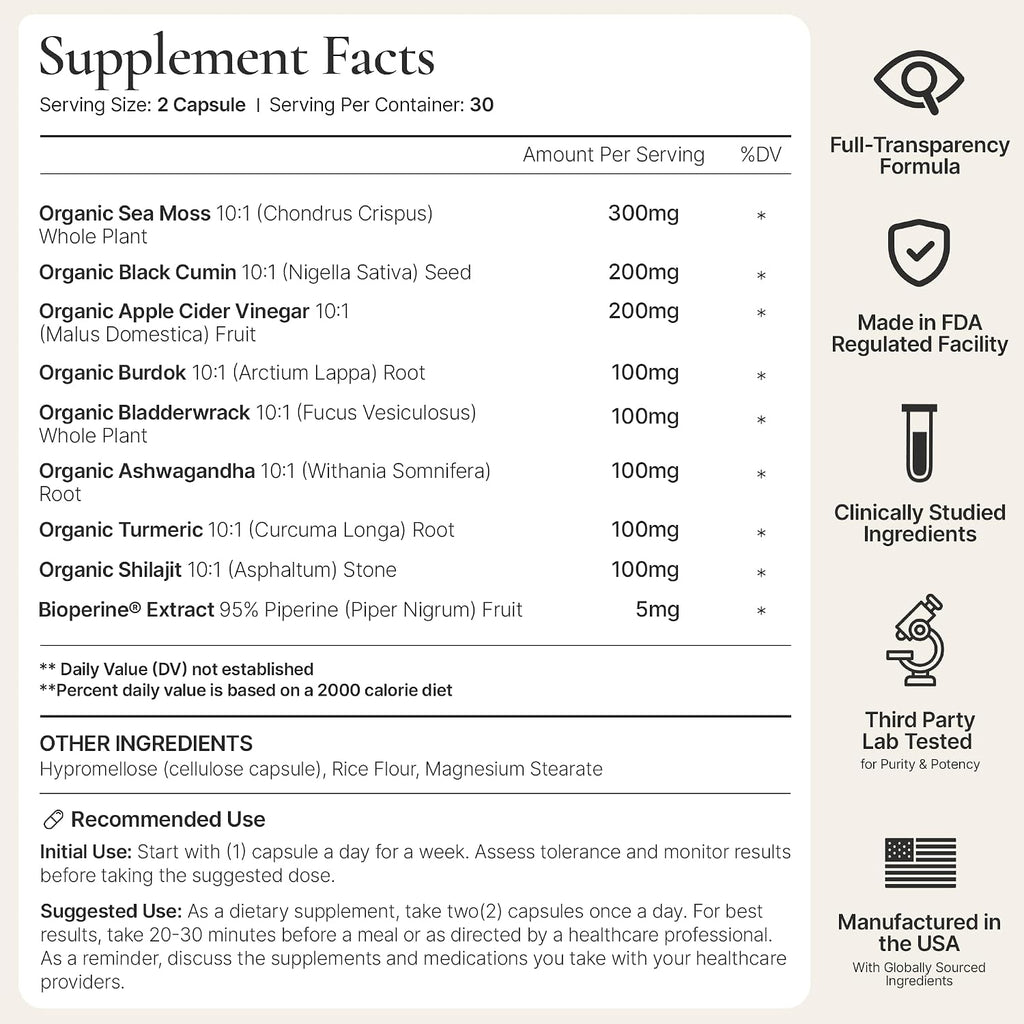 Restore Organic Sea Moss Mineral Complex – Daily Mineral Support with Black Seed Oil, Bladderwrack, Burdock, Ashwagandha, Turmeric, ACV & Shilajit – BioPerine® Enhanced Absorption (60 Capsules)