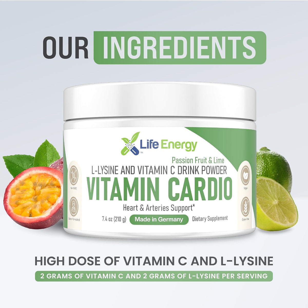 High-Dosed 2000mg Vitamin C & L-Lysine Drink Mix Powder | Sabor Maracuyá y Lima | 210g – Image 4