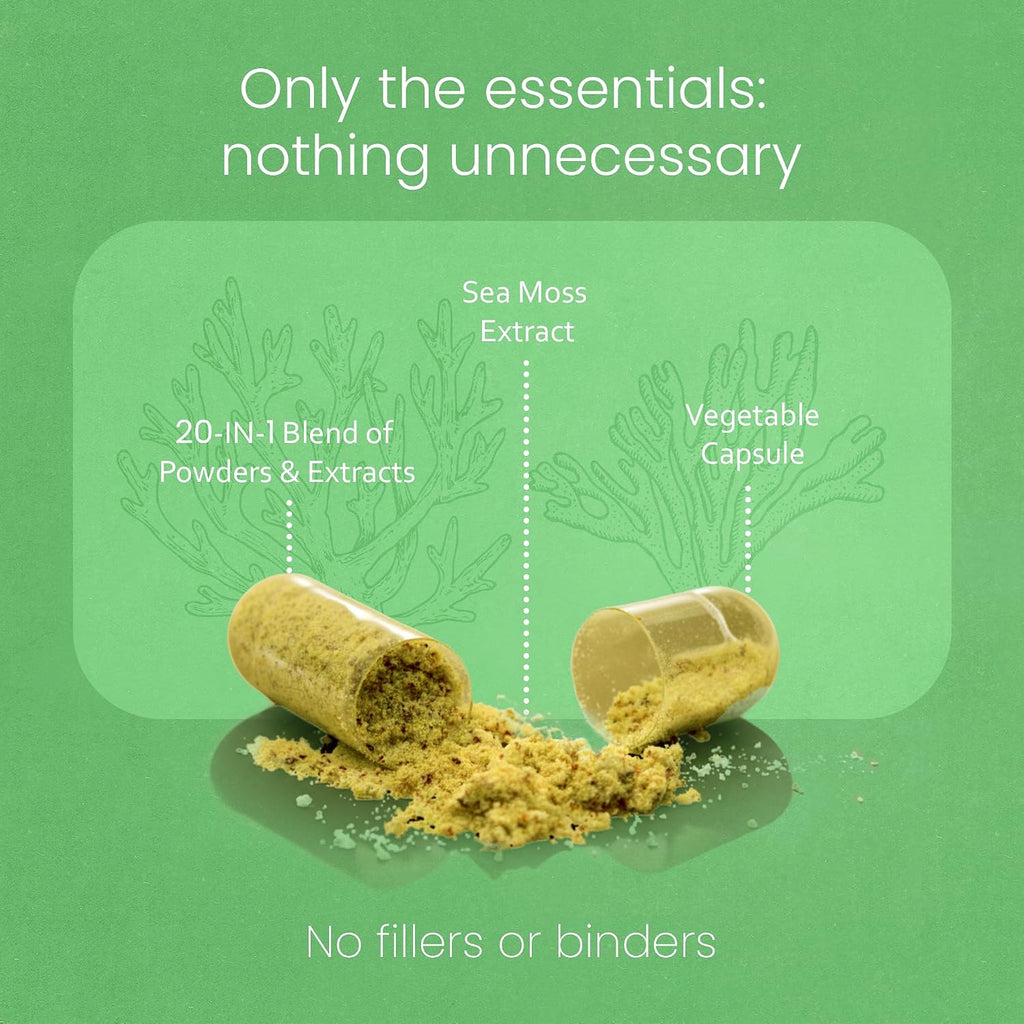 Sea Moss, Aceite de Semilla Negra, Bladderwrack, Cúrcuma, Ashwagandha, Bardana, Vitamina C, D3, Raíz de Yellow Dock, Manuka, Diente de León - 90 Cápsulas Veganas