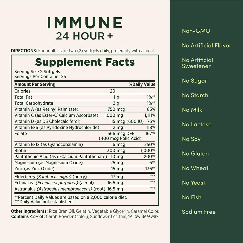 Nature's Bounty Immune 24 Hour +, Vitamina C con Ester-C, 1000 mg, Vitamina D y Zinc, Cápsulas Blandas, 50 Unidades