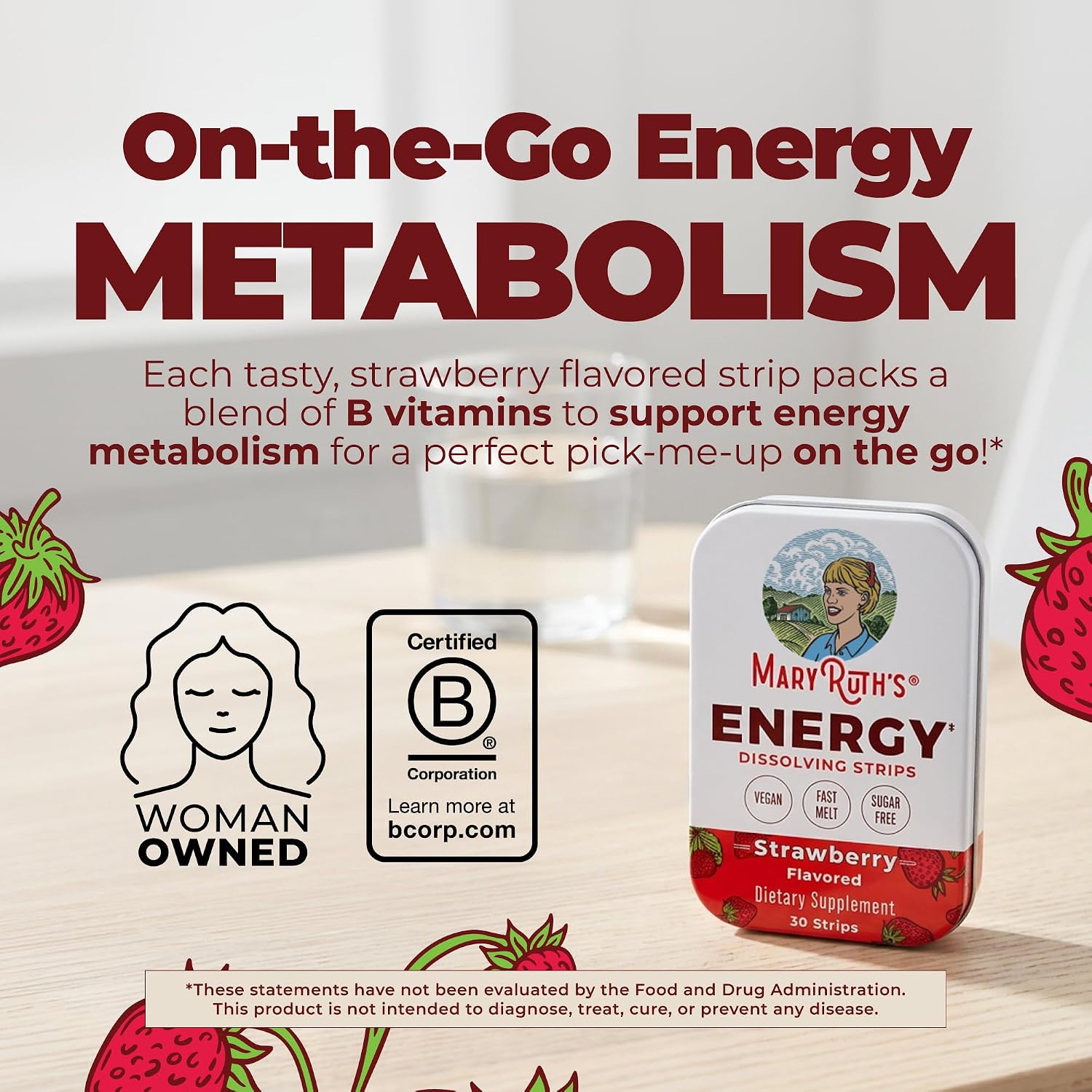 MaryRuth's Energy Dissolving Strips | B Vitamin Complex | Energy Metabolism | Vitamin B12 | Green Coffee Seed Extract | L Theanine | Strawberry Flavor | Vegan | Sugar Free | Gluten Free | 30 Count