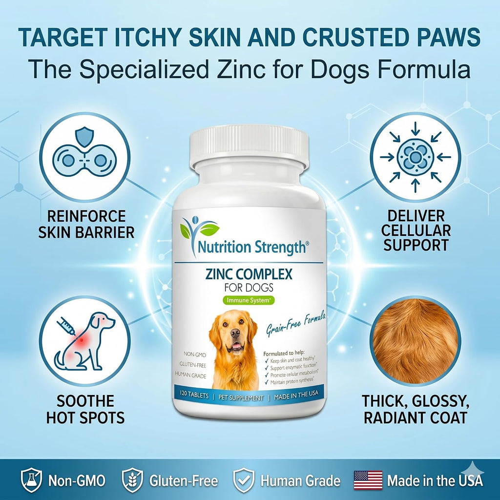 Nutrition Strength Zinc para Perros - Apoyo a la Piel y el Pelaje, Crecimiento Normal, Función Inmune y Metabolismo Celular, con Biotina, Folato, Selenio y Vitamina E, 120 Comprimidos Masticables