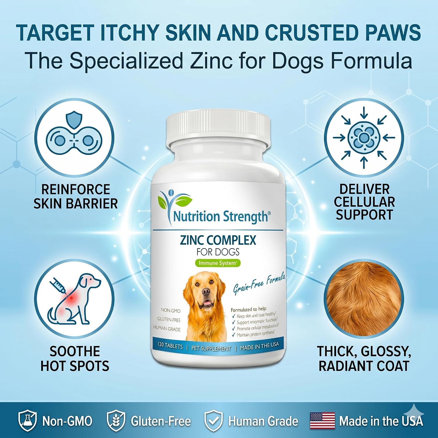 Nutrition Strength Zinc para Perros - Apoyo a la Piel y el Pelaje, Crecimiento Normal, Función Inmune y Metabolismo Celular, con Biotina, Folato, Selenio y Vitamina E, 120 Comprimidos Masticables