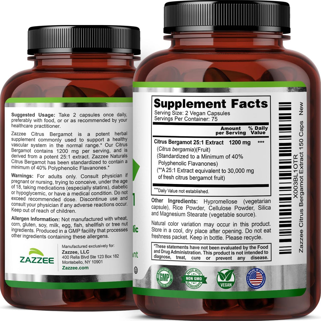 Zazzee Extracto de Bergamota Cítrica 25:1 - 1200 mg, 40% Flavanonas Polifenólicas, 150 Cápsulas Veganas