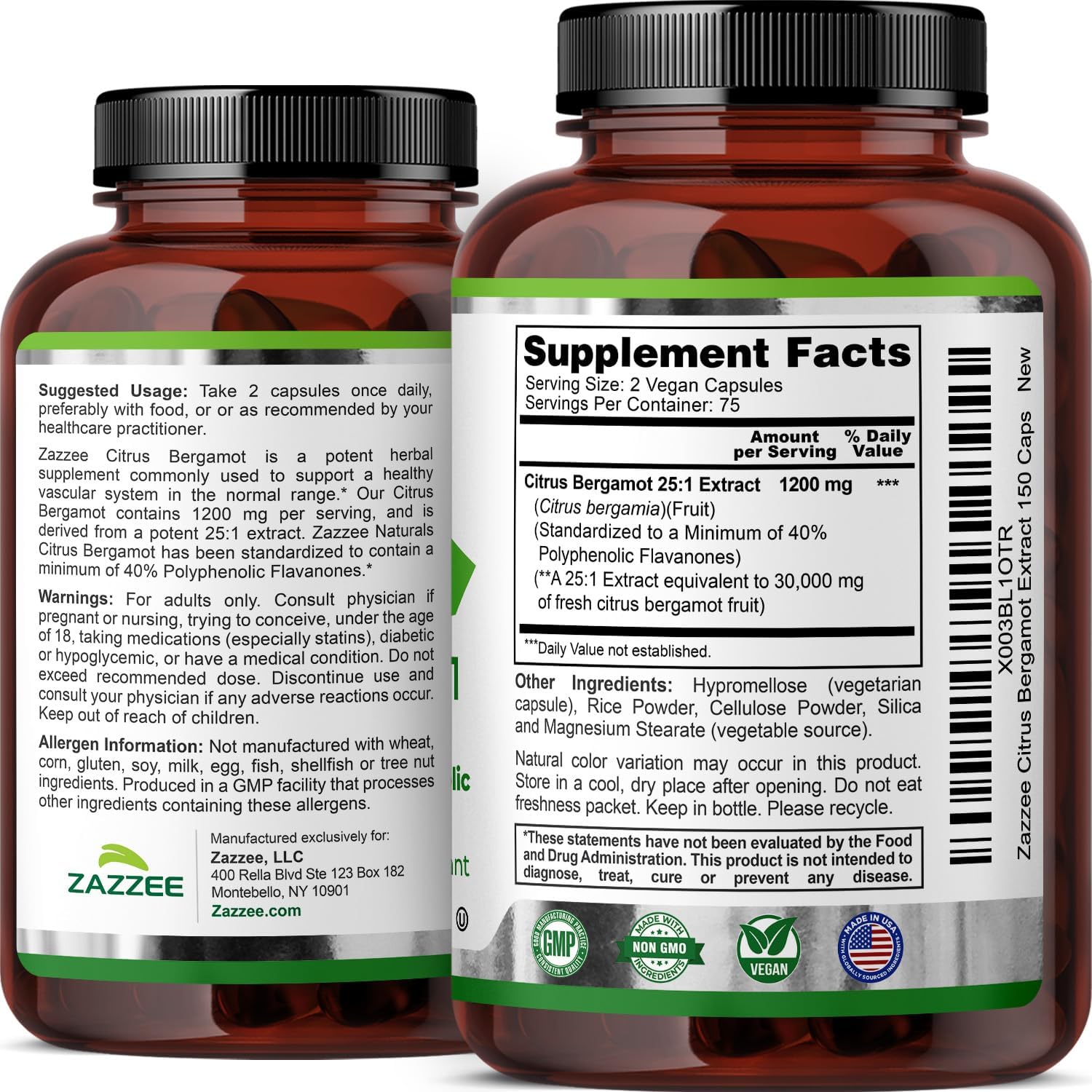 Zazzee Extracto de Bergamota Cítrica 25:1 - 1200 mg, 40% Flavanonas Polifenólicas, 150 Cápsulas Veganas