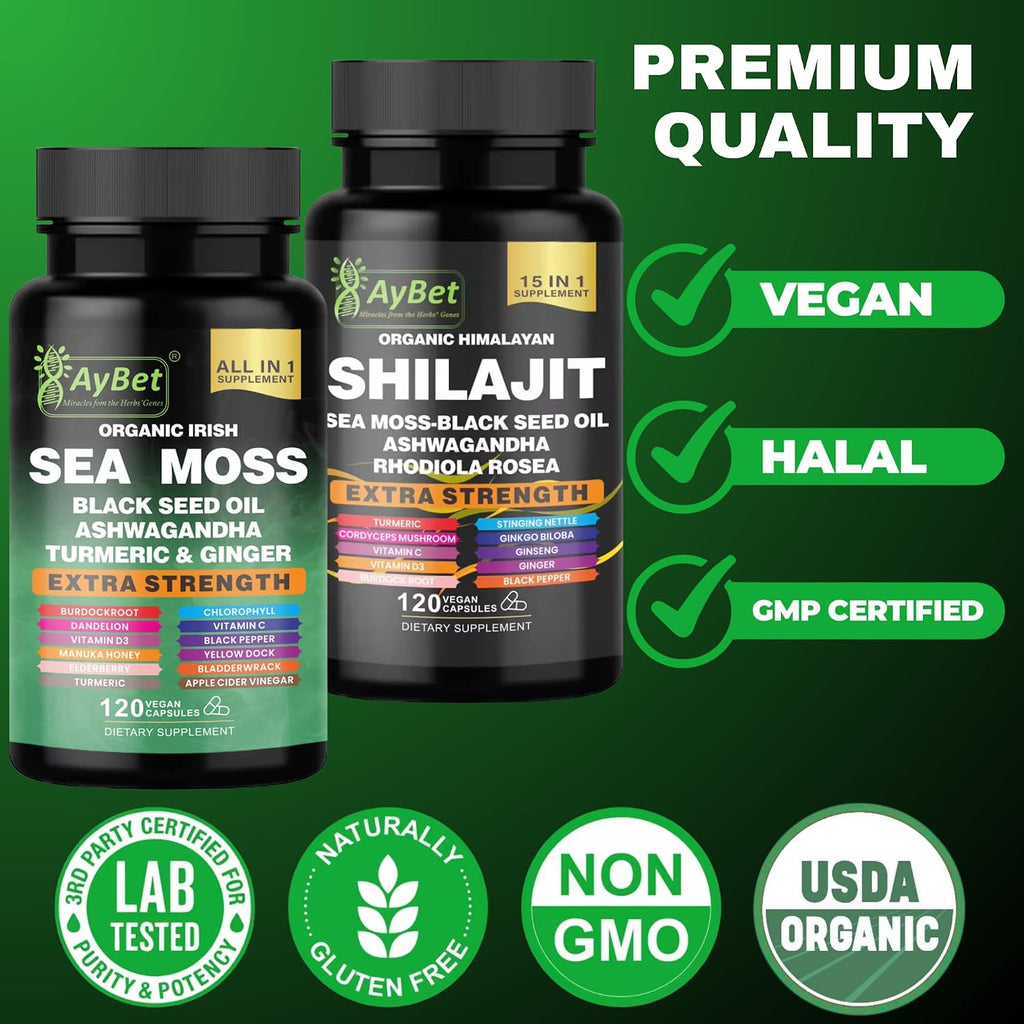 AyBet Sea Moss y Shilajit del Himalaya – Fórmula Herbal 22 en 1 con Ashwagandha, Cúrcuma, Jengibre – Minerales y Antioxidantes – Cápsulas Orgánicas, Halal, Veganas – 120 Unidades