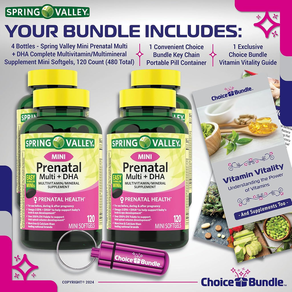 Choice Bundle Spring Valley Prenatal Multi + DHA Complete Multivitamin Multimineral Supplement Mini Softgels 120 Ct 4 pk (480 Total) + Vitamin Guide & Pill Container (6 Items)