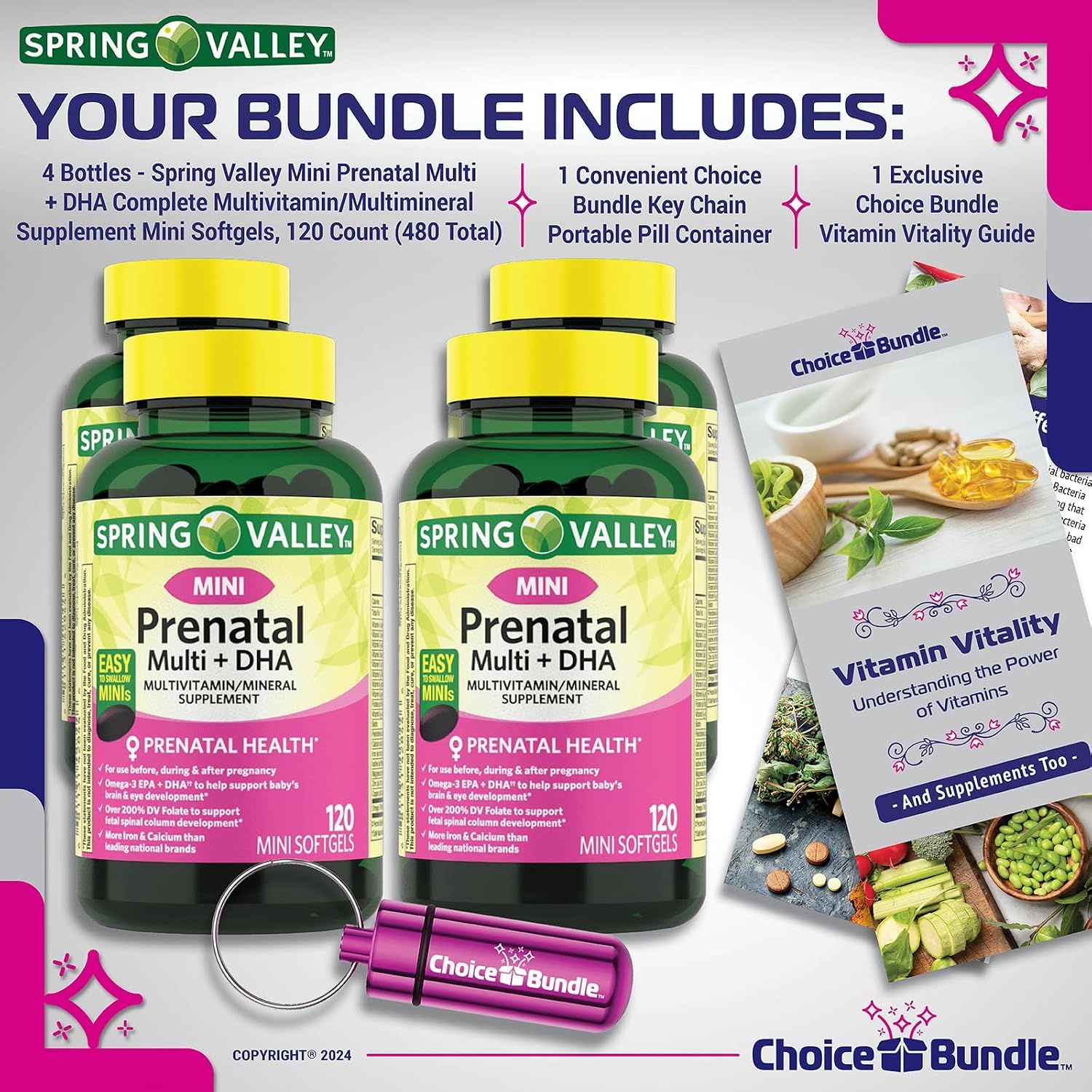Choice Bundle Spring Valley Prenatal Multi + DHA Complete Multivitamin Multimineral Supplement Mini Softgels 120 Ct 4 pk (480 Total) + Vitamin Guide & Pill Container (6 Items)
