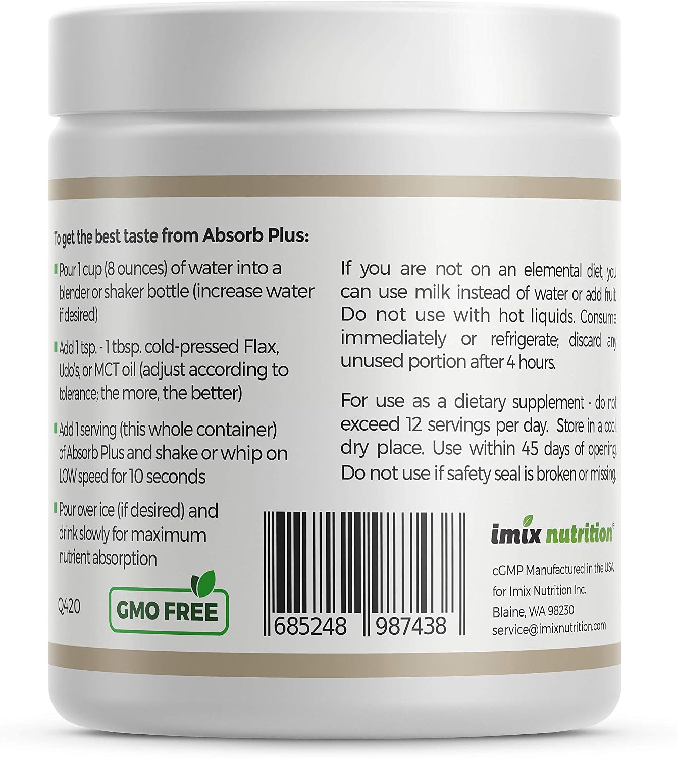 Elemental Shake – Polvo Nutritivo sin Lactosa y sin Caseína (100 g, Vainilla Simple)