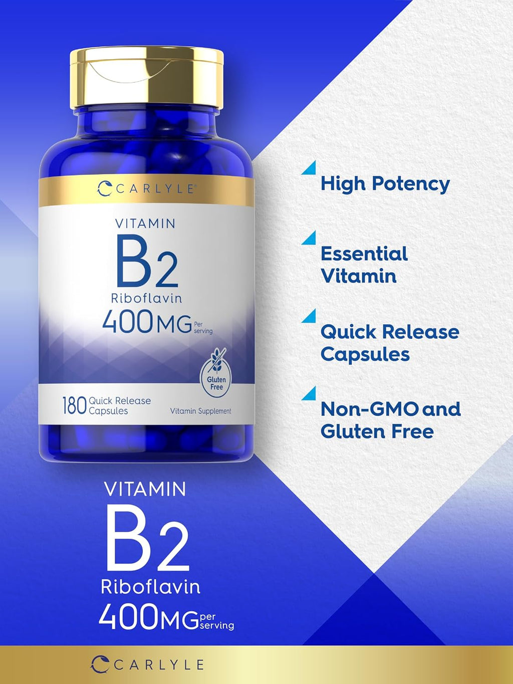 Carlyle Vitamina B-2 400 mg | 180 Cápsulas | Suplemento No Transgénico, Sin Gluten | B2 Riboflavina