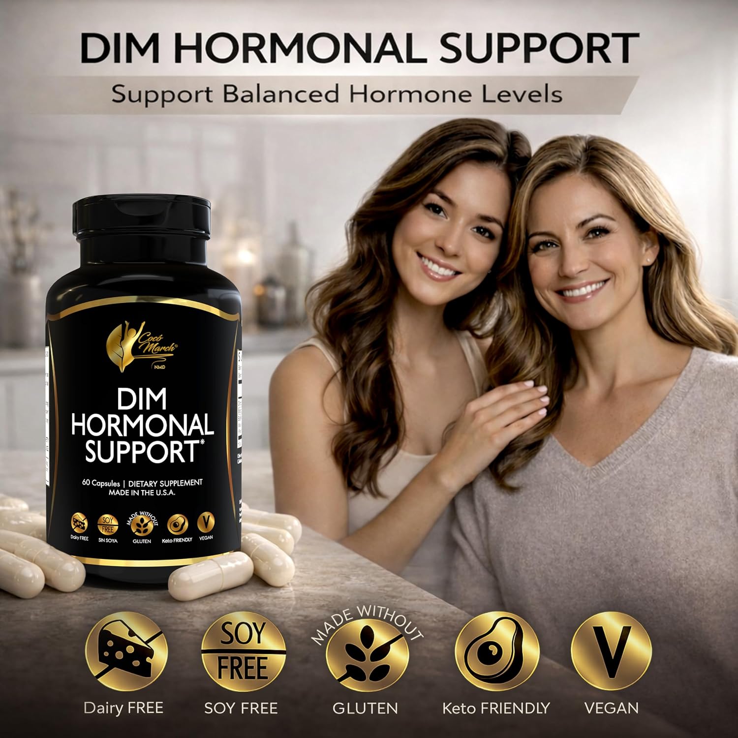 Cocó March DIM Suplemento para Mujeres – Apoya el Equilibrio Hormonal, Cuidado de la Piel y Metabolismo Natural del Estrógeno – Desintoxicación y Salud Celular – Sin Gluten, Sin Soja, Sin Lácteos, Vegano y Keto – 60 Cápsulas