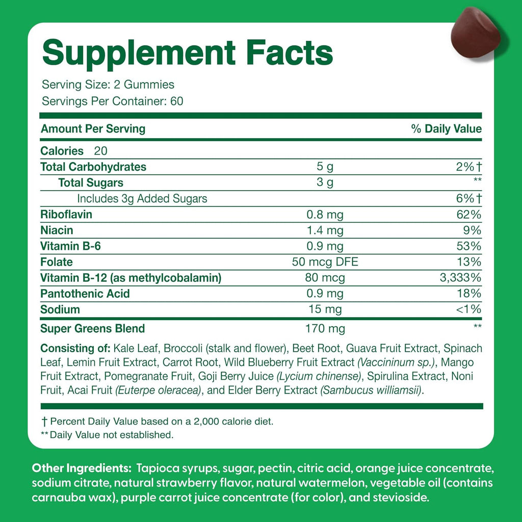 Feel Great Super Green Gummies Teen Vitamins | Gominolas Multivitamínicas Veganas para Adolescentes | Suplemento de Frutas y Verduras | 60 Unidades