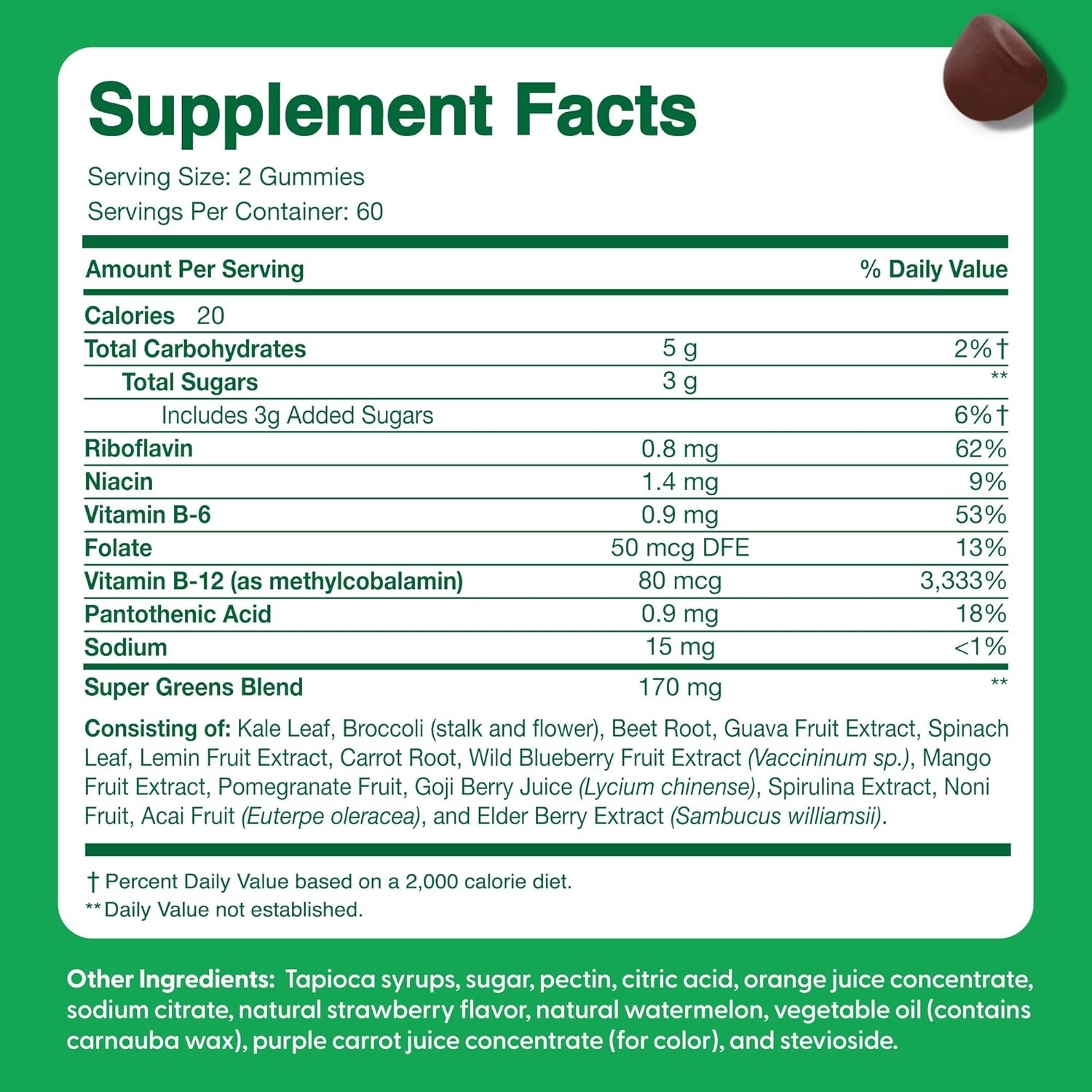 Feel Great Super Green Gummies Teen Vitamins | Gominolas Multivitamínicas Veganas para Adolescentes | Suplemento de Frutas y Verduras | 60 Unidades