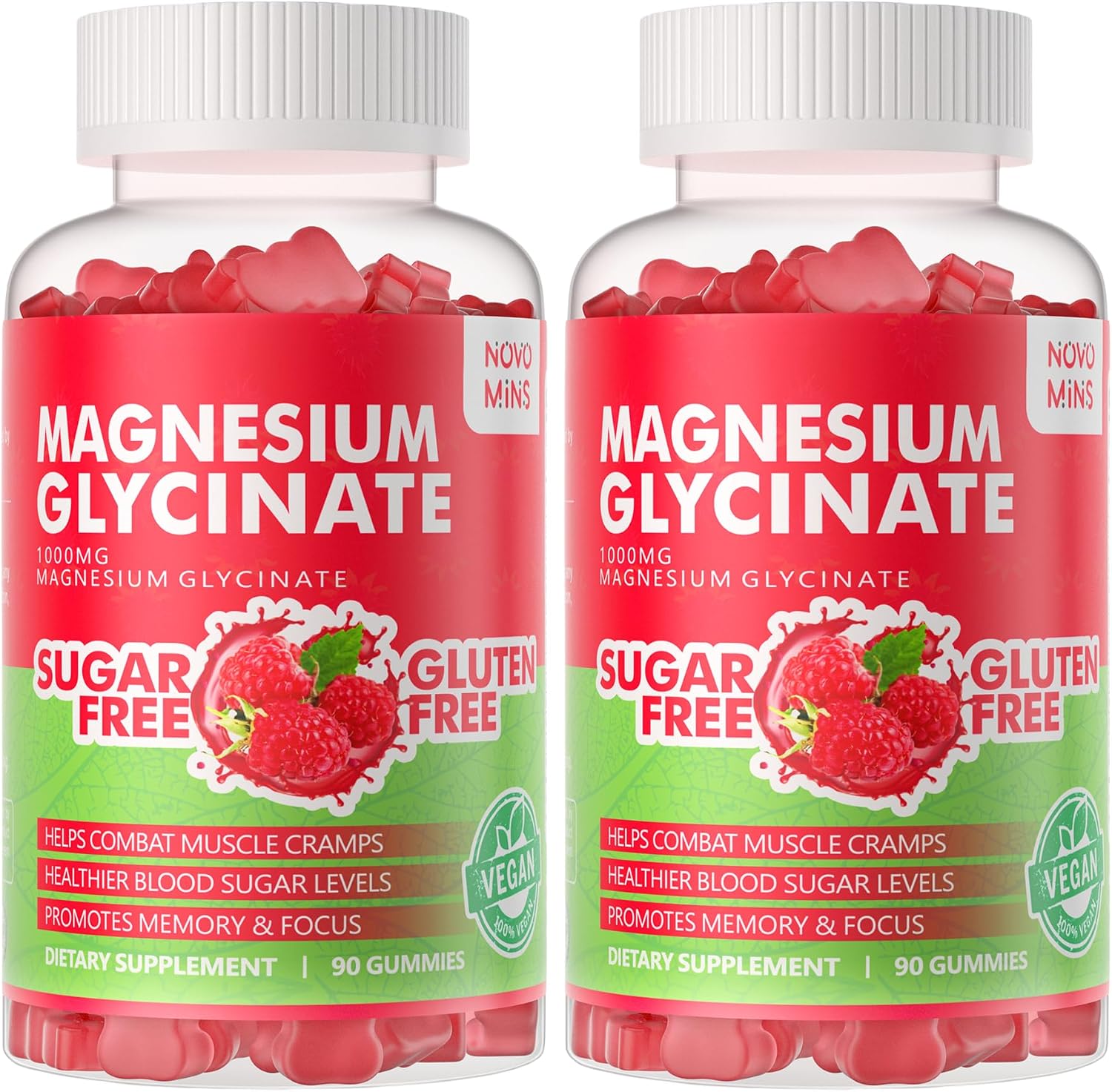 Gominolas de Magnesio Glicinato 1000mg - Sin Azúcar, con Vitamina D, B6 y CoQ10 - 90 Gominolas Sabor Frambuesa