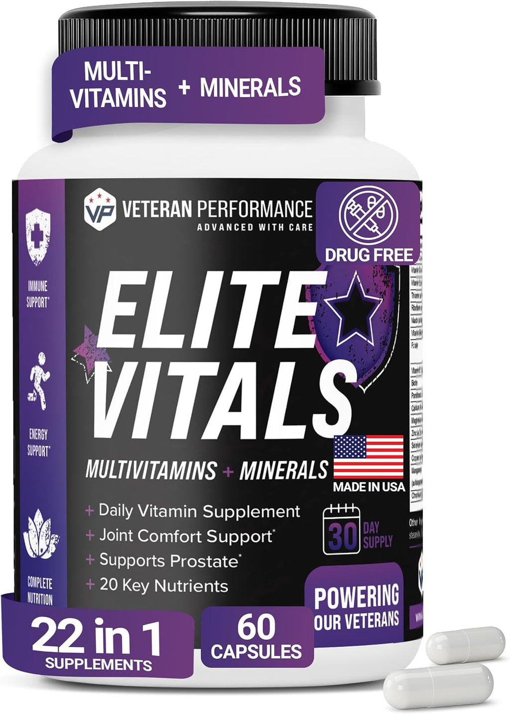 Elite Vitals – Multivitamínico Diario para Hombre con Vitamina B12, Zinc, Saw Palmetto y 20+ Vitaminas – 60 Cápsulas
