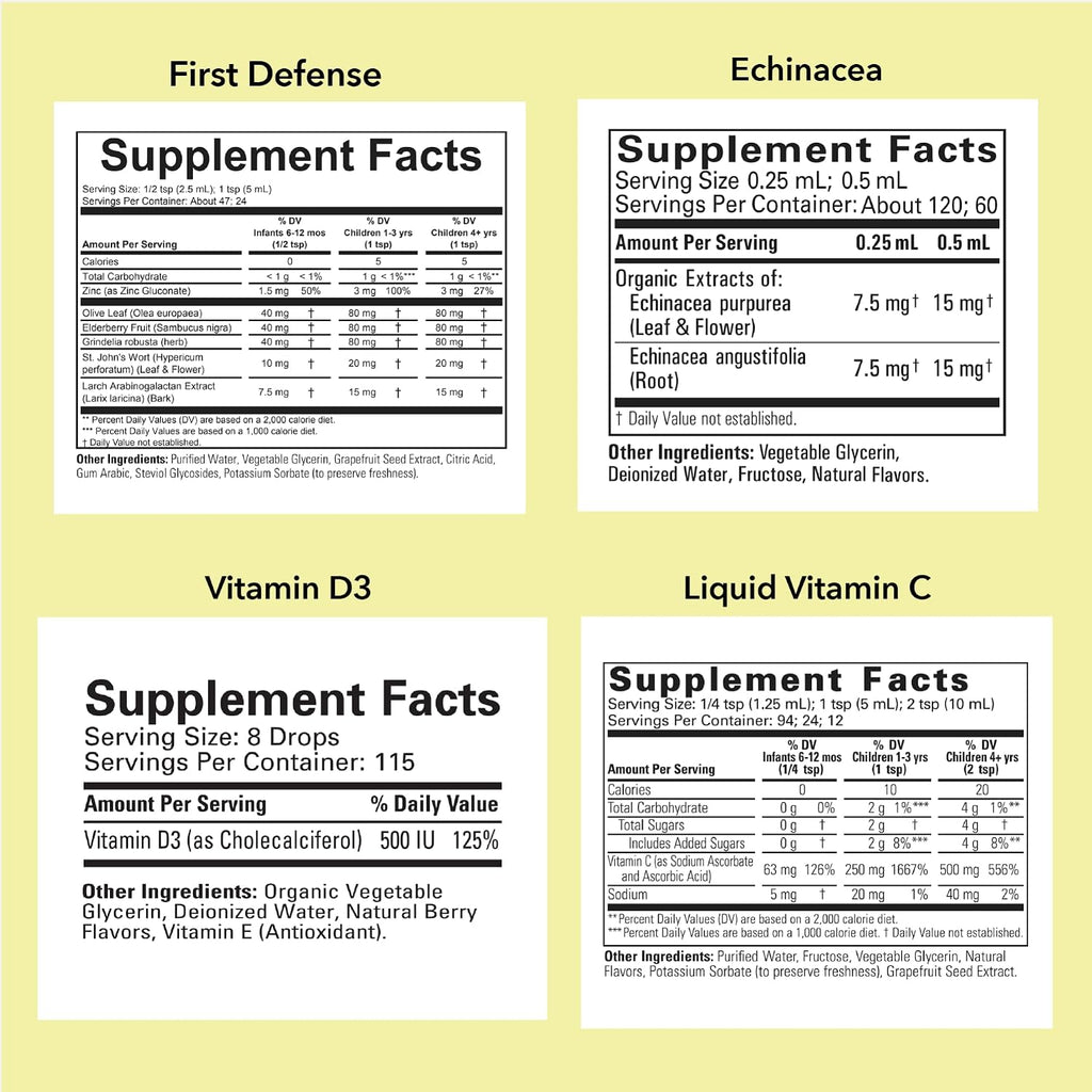 CHILDLIFE ESSENTIALS Immune Support 4-Pack - Pack de vitaminas y minerales líquidos para niños, con vitamina D3, vitamina C, First Defense y Equinácea