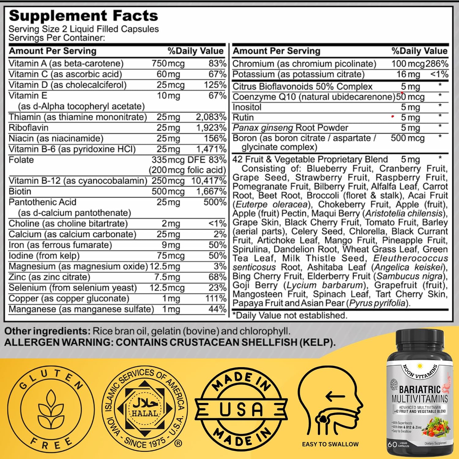 NOON VITAMINS Multivitamínico bariátrico con hierro – 60 cápsulas líquidas