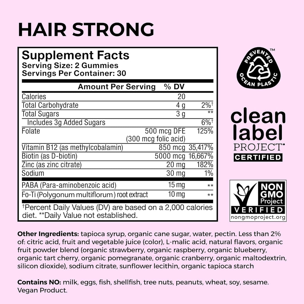 HUM Hair Strong Daily Hair Growth Gummies con Biotina, Zinc, Vitamina B12, 60 Gominolas