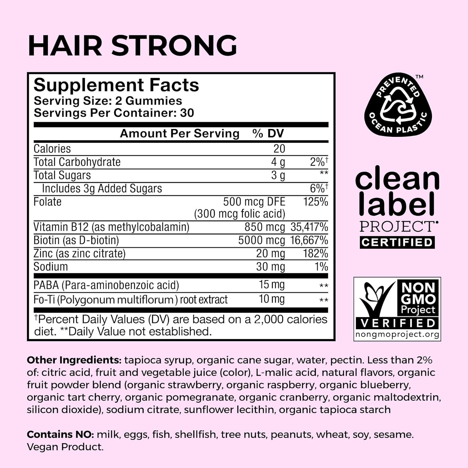 HUM Hair Strong Daily Hair Growth Gummies con Biotina, Zinc, Vitamina B12, 60 Gominolas