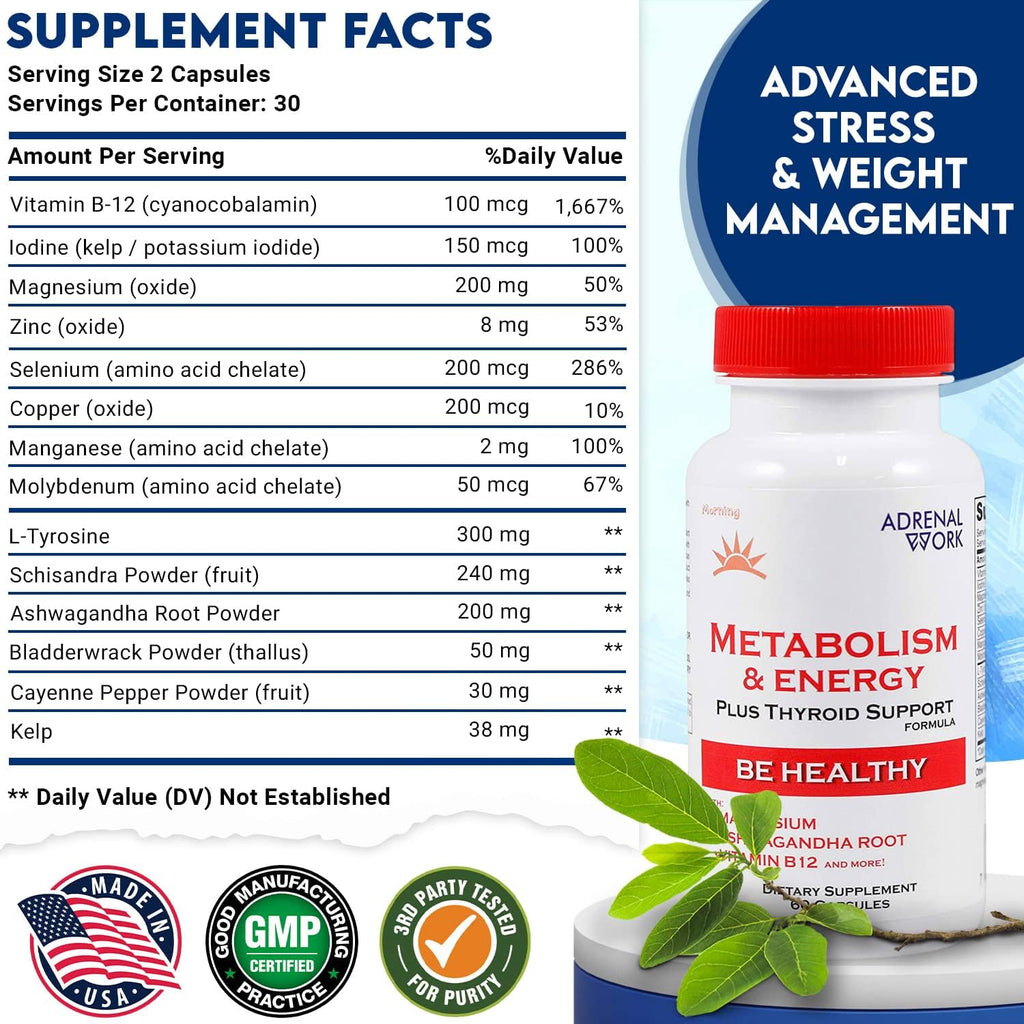 Adrenalwork Complemento para el Estrés con Ashwagandha Orgánica, Rhodiola y Albahaca Santa – 60 Cápsulas