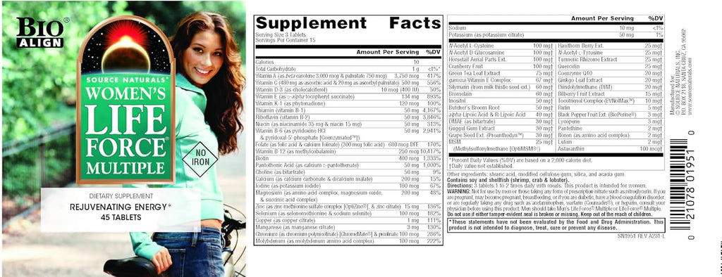 Source Naturals Women's Life Force Multiple sin Hierro - 45 Comprimidos