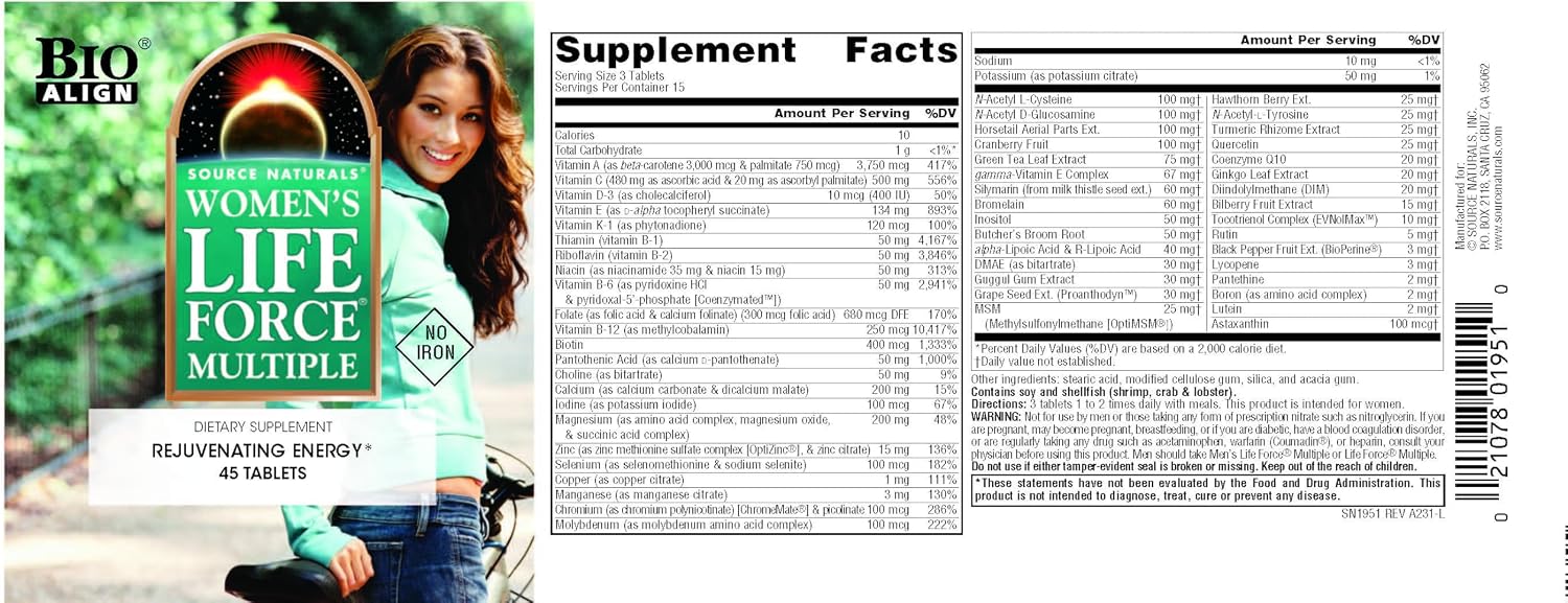 Source Naturals Women's Life Force Multiple sin Hierro - 45 Comprimidos
