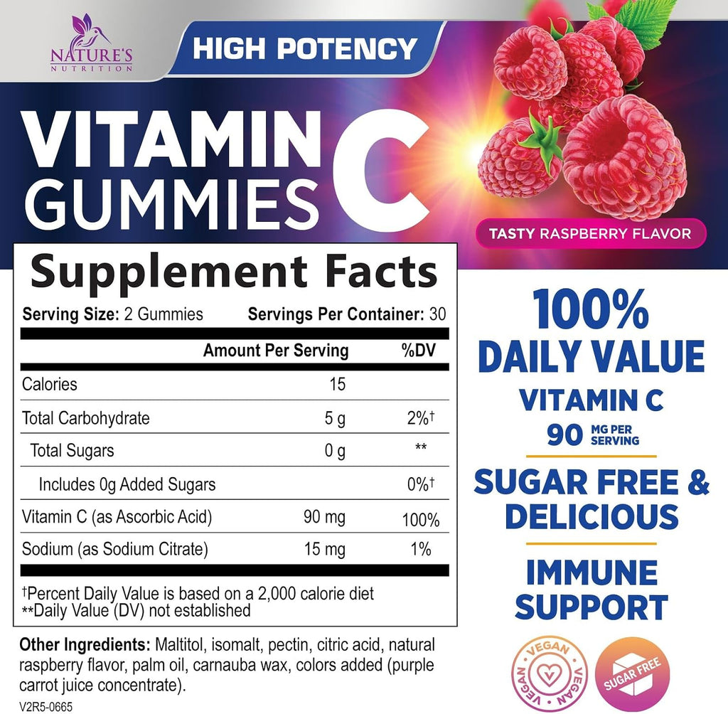 Vitamina C Sin Azúcar Gomitas - Suplemento Inmunológico - 60 Gomitas Veganas Sabor Frambuesa