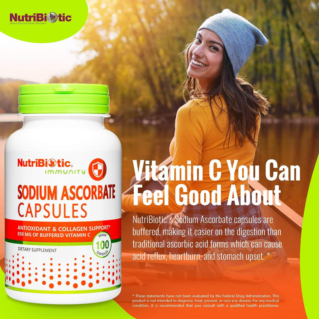 NutriBiotic Ascorbato Sódico Vitamina C Tamponada, 100 Cápsulas