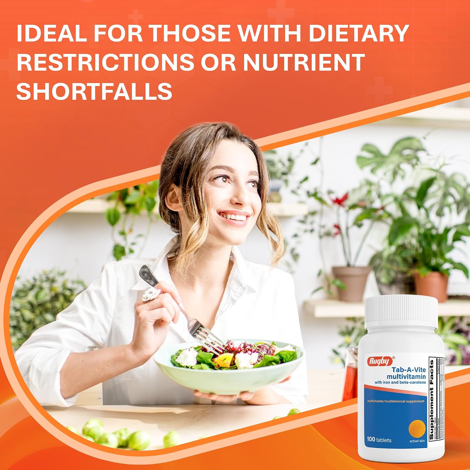 Rugby Tab-A-Vite Multivitamin con Hierro y Betacaroteno - Multivitamínico Diario para Adultos, Apoya la Salud General, Suplemento Multimineral - 100 Comprimidos
