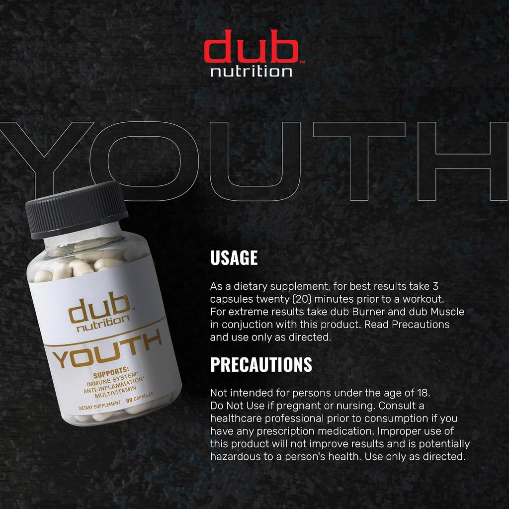 Youth de Dub Nutrition - Fórmula con Acai, Resveratrol, Cúrcuma y Vitaminas - 90 Cápsulas