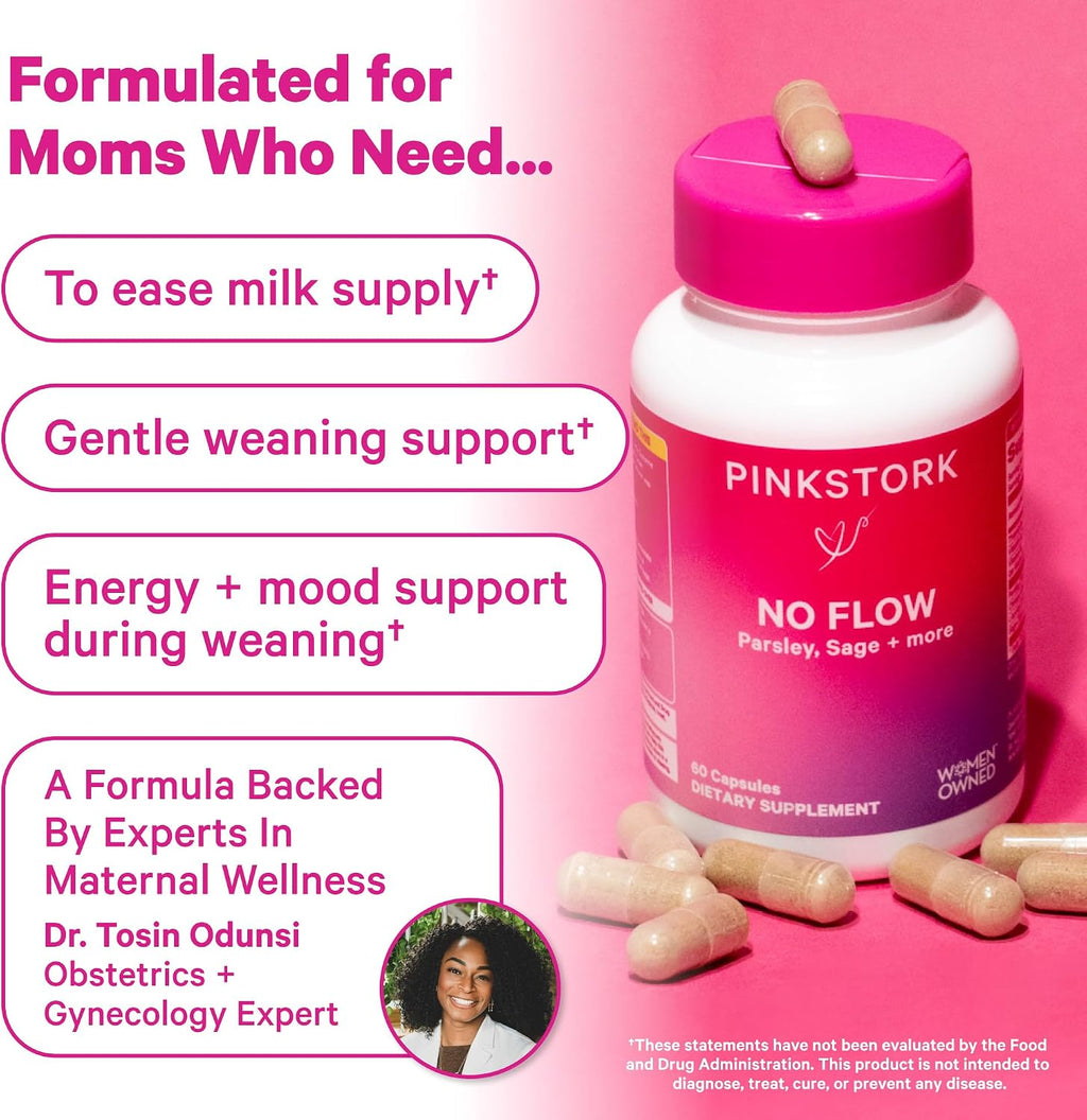Pink Stork No Flow - Suplemento para reducir la producción de leche materna, 60 cápsulas