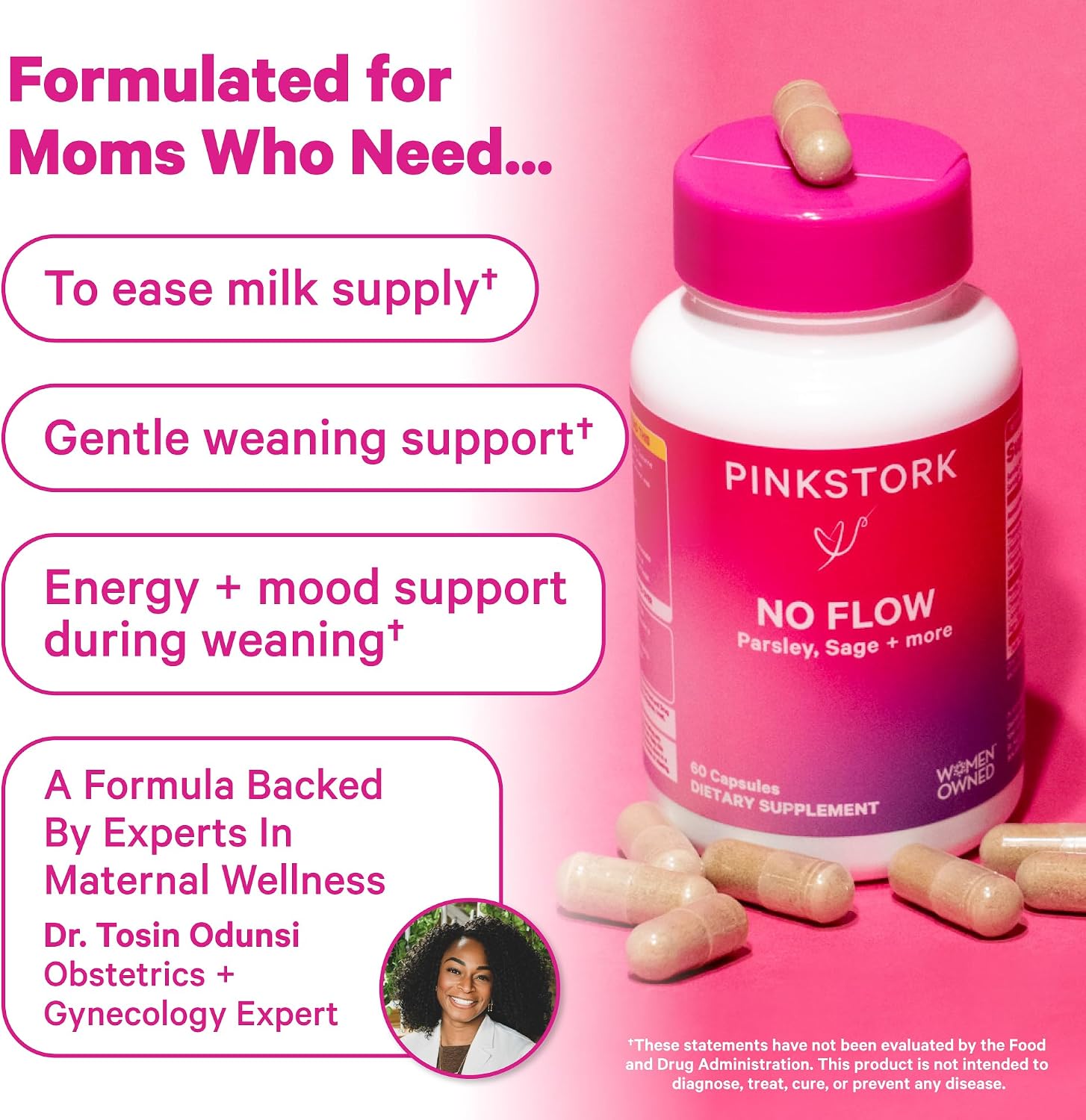 Pink Stork No Flow - Suplemento para reducir la producción de leche materna, 60 cápsulas