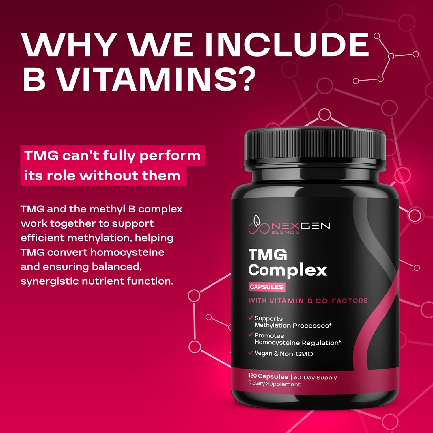 Suplemento de TMG Trimethylglycine con Complejo B Metilado - 500mg de Betaína TMG con Cofactores de Vitaminas B Metiladas para Apoyo de Homocisteína, Corazón e Hígado - Vegano y No GMO (Suministro de 2 Meses)