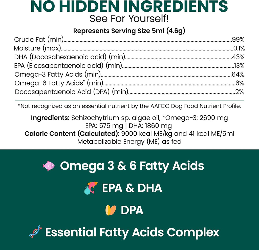 Vegan Omega 3 Oil for Dogs - 8 oz of Fish Free Algae Oil for Healthy Skin and Coat - Made with Omega 3 and 6 Fatty Acids, EPA, DHA, and DPA - Made in the USA